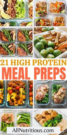 the 21 high protein meal preps are packed in plastic containers and ready to be eaten