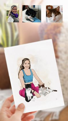 Photo of a Greeting card wit a portrait of a girl with her 2 cats, hand draw from Photos Creative Greeting Cards, Portrait Unique, Custom Portrait Illustration, Greeting Card Ideas, Printable Greeting Cards, Art Portraits, Custom Watercolor, Custom Portrait, Portrait Illustration