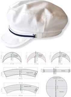 a white hat is shown with measurements for the top and bottom part, along with other details