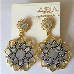 Amrita Singh Sylvia Drop Earrings, so gorgeous! LIST PRICE: $60  Description: Gold-tone brass drop earrings with Austrian crystal details  Post back closure Measurements: 1.75" long, 1.75" wide,   Top small circle diameter is about 0.6",   The whole earring drop length is a little over 2"  A pretty big statement earring!  Material: Gold-tone brass and Austrian crystals  Brand: Amrita Singh Amrita Singh Jewelry Earrings Pierced Metal Flower Earrings For Party, Flower Shaped Metal Earrings For Party, Festive Silver Crystal Earrings, Party Jewelry With Flower Design, Party Flower-shaped Pierced Earrings, Party Flower Shaped Metal Earrings, Glamorous Flower Shaped Party Earrings, Nickel-free Flower Earrings For Party, Nickel-free Dangle Flower Earrings For Party