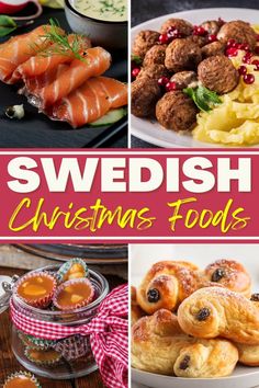 swedish christmas foods collage with text overlaying the top and bottom image in red