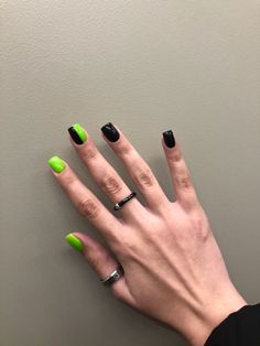 Black And Green Manicure, Green Black Nails Aesthetic, Lime Green Nails With Black, Black Nail Green Tip, Green An Black Nails, Black Lime Green Nails, Black And Green Flame Nails, Black Green Halloween Nails, Short Nail Designs Edgy