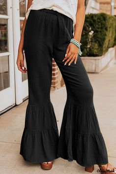 Color: Black Textured High Waist Ruffled Bell Bottom Pants, Size: (US 4-6)S Black Plain, Ruffle Pants, Flare Leg Pants, Bell Bottom Pants, Style Noir, Pop Of Color, Bell Bottom, Fashion Summer, Flare Pants