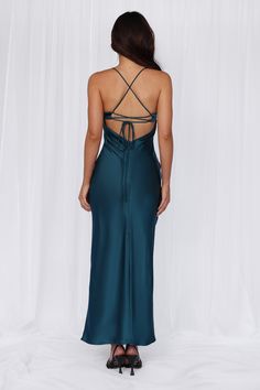 Length from top of bust to hem of size S: 132cm. 
 Chest: 36cm, Waist: 32cm, across front only of size S. 
 Maxi dress. 
 Lined. 
 Model is a standard XS and is wearing size XS. 
 True to size. 
 Non-stretch. 
 Luxurious satin. 
 Scoop neckline. 
 V-back. 
 Crisscross tie-up back. 
 Vent extension. 
 Straight, flowy silhouette. 
 Zipper with hook eye closure.  
 Cold hand wash only. 
 Polyester. 
 This material is very delicate. Please handle with care. 
 Please Note: This product is a Exclusive Candy Dress, Skirt Straight, Tie Maxi Dress, Prom Shopping, Maxi Dress Wedding, Satin Maxi, Satin Maxi Dress, Asymmetrical Skirt, Samara