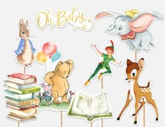 a cake topper with pictures of children's books and animals on it that says oh baby