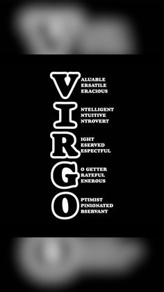 an image of the word virgo written in white on a black background with other words below it