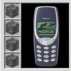 an old nokia cell phone is shown with four different images in front of it and the text nokia on the back