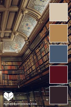 the interior of a library with many bookshelves and painted ceiling tiles in different colors