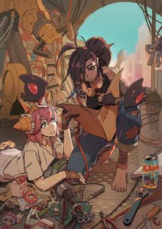 two anime characters sitting on the ground surrounded by junk and other things that are scattered around them