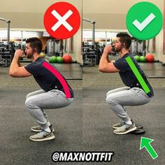 a man doing squats in the middle of a gym with two arrows pointing to each other