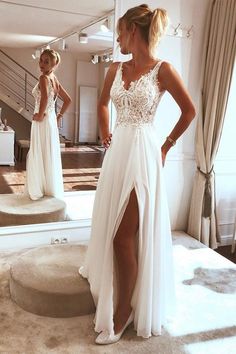 Ivory Chiffon Lace Beach Wedding Dress With Split,WW003 Beachy Wedding Dress, Boho Bride Dress, Couture Dior, Chiffon Wedding Dress Beach, Beachy Wedding, Pnina Tornai, White Evening Dress, Bohemian Bridal, Lace Beach Wedding Dress