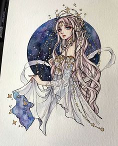 a drawing of a girl with long hair and stars on her head, wearing a tiara