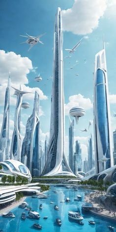 an artist's rendering of futuristic cityscape with boats floating in the water