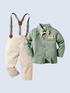 2pcs Young Boys Gentleman Outfit: Collar Shirt With Bow Tie And Overall Pants, Fashionable Suit For Birthday Party, Wedding, Occasion Khaki Casual    Plain,Striped  Non-Stretch  Young Boys Clothing, size features are:Bust: ,Length: ,Sleeve Length: Wedding Outfit For Boys, Overall Pants, Gentleman Outfit, Bowtie And Suspenders, Dressy Shirts, Suspenders Set, Elegant Dresses Long, Long Sleeve Blazers