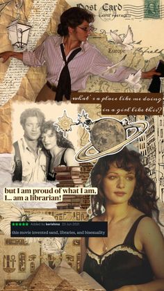 the collage has many different pictures and words on it, including an image of a woman