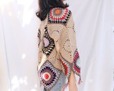 Bohemian Crochet Long Sleeve Top One Size, Bohemian Crochet Top With Crochet Trim For Fall, Bohemian Multicolor Summer Sweater, Hippie Crochet Top For Fall, Bohemian Crochet Top For Fall, Bohemian Multicolor Sweater For Beach, Beige Long Sleeve Bohemian Sweater, Bohemian Multicolor Beach Sweater, Multicolor Bohemian Beach Sweater