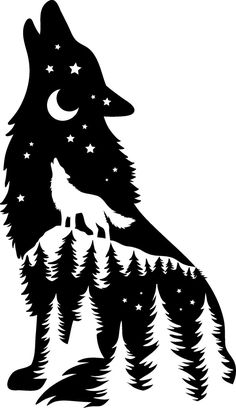 a wolf standing on top of a forest under a night sky with stars and the moon