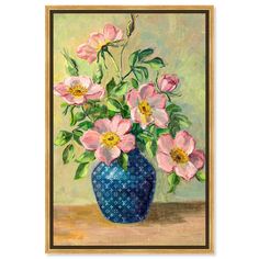 a painting of pink flowers in a blue vase