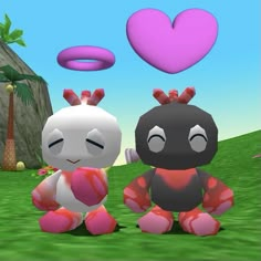 two cartoon characters sitting in the grass with a heart shaped object above them, and one is looking at another character