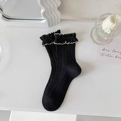 𝒜𝒷ℴ𝓊𝓉: Material: Cotton ♡ 𝓈𝒾𝓏𝒾𝓃ℊ ♡ One Size Black Casual Socks For Spring, Casual Black Socks For Spring, Trendy Black Winter Socks, Trendy Black Socks For Winter, Lace Socks Black, Lace Ruffle Socks, Black Frilly Socks, Lace Socks, Socks