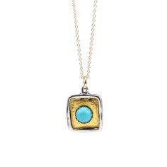 This solid sterling silver pendant features 6mm kingman turquoise set in a serrated sterling silver bezel and 24K gold leaf.The piece is hand carved in wax, cast in solid sterling silver, then gilded in 24k gold leaf using the ancient keum-boo technique. Then, the whole piece is patina-ed, sanded and polished. Finally, the stone is set in the bezel and put on a gold filled with a spring ring clasp. Choose your length from the drop down menu.To see all my gemstone jewelry go here:https://www.etsy Hammered Square Pendant Jewelry As Gift, Hammered Square Pendant Jewelry For Gift, Artisan Gold Turquoise Pendant Necklace, Handmade Turquoise Necklace With Round Gold Pendant, Handmade Gold Turquoise Necklace With Round Pendant, Gold Sterling Silver Jewelry With Cabochon, One Of A Kind Turquoise Brass Jewelry, Gold Turquoise Necklace Artisan Gift, Gold Turquoise Necklace Artisan Style Gift