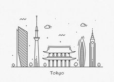 an outline drawing of tokyo with buildings in the background