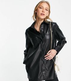 Women's Leather Trucker Shirt In Classic Black Black Faux Leather Button-up Jacket, Faux Leather Shirt, Leather Shorts Women, Short Leather Skirts, Trucker Shirts, Leather Jumpsuit, Studded Jacket, Distressed Jacket, Sheepskin Jacket