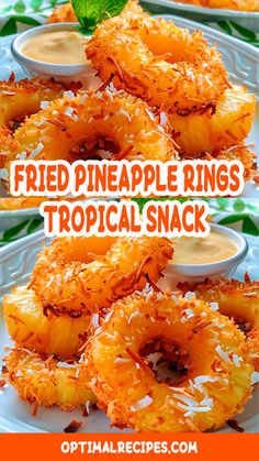 fried pineapple rings on a white plate with dipping sauce in the middle and two pictures showing how to make them