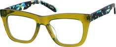 Show your fashion-forward side with these chic square glasses. The hand-polished acetate eyeglasses is accented with colorful granite-like temple arms for a cool color splash. It is fitted with spring hinges for added comfort. It comes in olive with blue and black accents blush with brown accents and blue with cream and brown accents. | Zenni Women's Square Prescription Eyeglasses Green Plastic Optical Glasses Women, Glasses Fashion Eyewear, Funky Glasses, Prada Eyeglasses, Zenni Optical, Fashion Eye Glasses, Stylish Glasses, Eye Wear, Fashion Eyeglasses