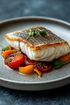 a white plate topped with fish and vegetables