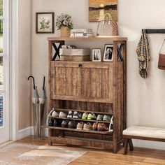 a wooden shoe rack in the corner of a room next to a bench with shoes on it