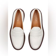 Loafer & Moccasin Shoes From Tod's, Rubber Sole, Office Style, Elegant Style, Casual Style, Formal Style , Plain, Logo Note:Shop Worn Elegant White Loafers With Leather Footbed, White Leather Shoes With Leather Sole For Work, White Flats With Leather Sole For Work, White Leather Sole Flats For Workwear, White Flats With Textured Sole For Work, White Calf Leather Loafers For Spring, Elegant White Wingtip Moccasins, White Calf Leather Loafers With Almond Toe, White Moccasins With Leather Sole And Flat Heel