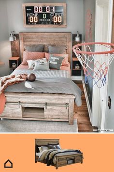 a bedroom with a basketball hoop in the corner