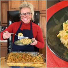 a woman holding a plate of food next to a pan of macaroni and cheese