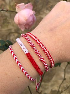 Red Macrame Beaded Bracelets For Friendship, White Macrame Friendship Bracelets, Adjustable Red Hand Wrapped Friendship Bracelets, Handmade Red Braided Friendship Bracelets, Red Macrame Braided Bracelets For Friendship, Handmade Red Braided Bracelets For Friendship, White Macrame Bracelets For Friendship, Red Macrame Braided Bracelet As Gift, White Macrame Beaded Friendship Bracelets