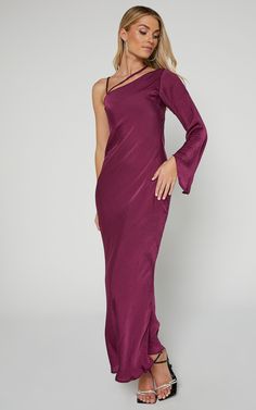 Khacy Midi Dress - One Shoulder Halter Dress in Plum Spring Prom Midi One Shoulder Dress, Spring Prom One Shoulder Midi Dress, One Shoulder Midi Dress For Party Season, Purple One Shoulder Formal Dress, Formal One-shoulder Maxi Dress For Party Season, One Shoulder Purple Formal Dress, Elegant One-shoulder Dress For Party Season, Chic One Shoulder Maxi Dress For Prom, Elegant One-shoulder Maxi Dress For Date Night