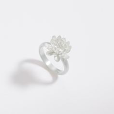 Silver Ring - Three-dimensional sterling silver large waterlily flower on a half round band.  Available in three sizes, and in half and whole sizes between 6 and 8.<br><br><b>Dimensions:</b><br>S: Band width 0.12w, 0.25h, 0.63dia<br>M: Band width 0.2w, 0.31h, 0.75dia, <br>L: Band width 0.22w, 0.5h, 1dia Formal White Sterling Silver Flower Ring, Classic White Sterling Silver Flower Ring, Classic White Flower Ring In Sterling Silver, Waterlily Flower, Artful Home, Jewelry Inspo, Water Lilies, Leaf Earrings, Lead Time