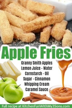 an advertisement for apple fries with apples, cinnamon and caramel sauce in the background