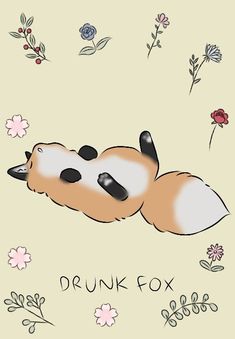 a drawing of a fox laying on its back in the grass with flowers around it