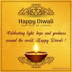 happy diwali festival greeting card with lit candle and ornate frame on yellow background