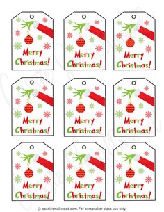 merry christmas gift tags with red and green ornaments on them, set of 8 or 10