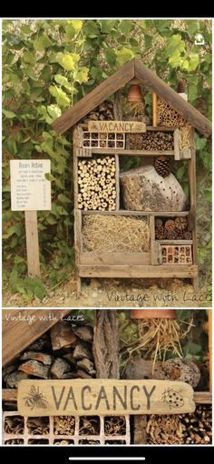 a birdhouse made out of wood and logs with the words vacancy written on it