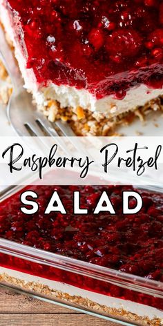 raspberry pretzel salad in a glass dish with a fork on the side