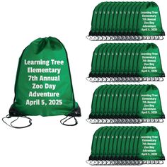 six green drawsacks with the words learning tree elementary 7th annual zoo day adventure