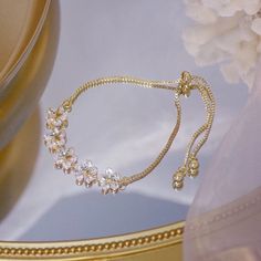 14K Gold Filled Cubic Zirconia Adjustable Flower Bracelet Wedding, Gold Flower Bracelet, Bridesmaid Bracelet, Gold Bracelet Chain, Gold Plated Bracelets, Hand Jewelry, Gold Flower, Flower Bracelet, Bride Jewellery