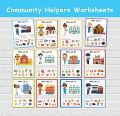 the community helpers worksheets are displayed on a white brick wall with blue border