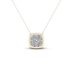 Amp up the sparkle volume with this dazzling cushion-shaped diamond pendant. Crafted in warm 10K gold, this petite design features a 1/15 ct. diamond at the center of a shimmering composite. A polished frame completes this spellbinding look. Radiant with 1/3 ct. t.w. of diamonds and a brilliant buffed luster, this dainty pendant suspends along an 18.0-inch rope chain that secures with a spring-ring clasp. Gold Necklace Zales, Dainty Pendant, Rose Gold Metal, Rope Chain, Diamond Clarity, Diamond Stone, Stone Settings, 10k Gold, Necklace Designs