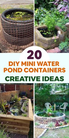 several different types of pond containers with text overlay that reads 20 diy mini water pond containers creative ideas