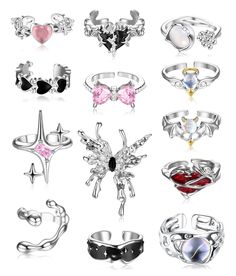 PRICES MAY VARY. 🍧🍧【Fashion Ring Set】Receive 13Pcs stunning silver punk rings in this unique ring set. This stylish ring set combines modern design with classic style, including silver butterfly ring, pink bow ring, pink heart ring, black heart ring, bat style ring, star ring, and other fashion irregular y2k rings.Multiple types of cool rings provide you with different collocation choice every day, if you are punk or retro gothic style rings lover, you'll love this gothic ring set! 🍧🍧【Vintag Cute Rings On Amazon, Chunky Rings Aesthetic, Silver Ring Aesthetic, Goth Rings, Rings Y2k, Rings Multiple, Pink Heart Rings, Rings Gothic, Fashion Ring Set