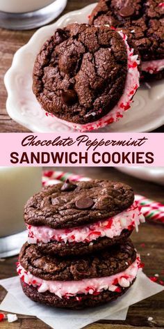 chocolate peppermint sandwich cookies are stacked on top of each other